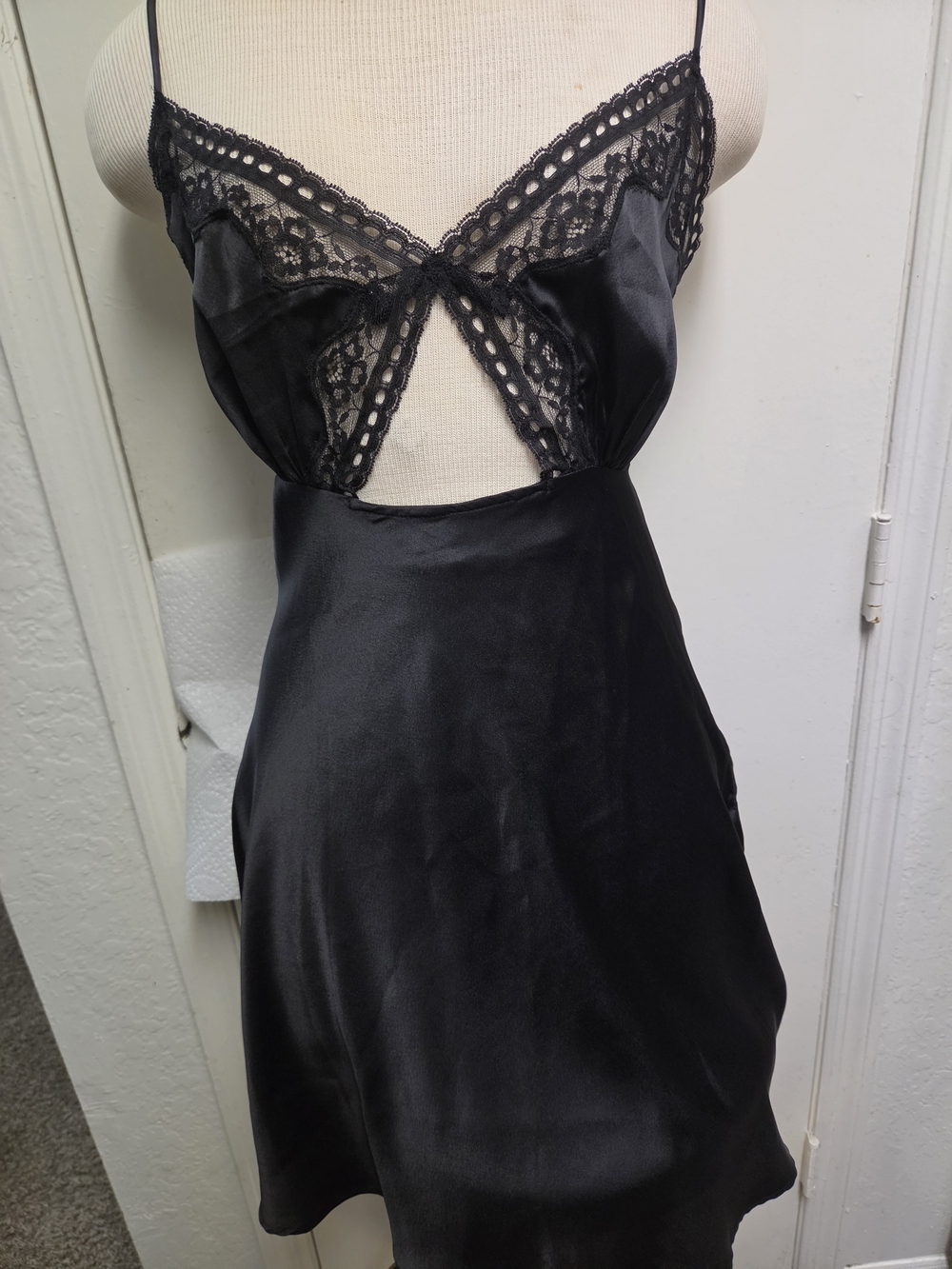 Nasty Gal Black Satin Lace-Detail Slip Chemise